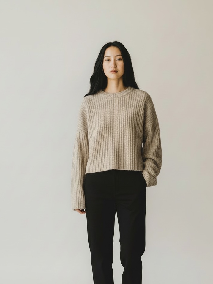 Industry Wool Blend Ribbed Crew Neck Knit Sweater Oat Tan Size Large Cropped